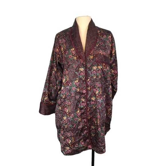 Partners Mervyns Vintage 80s Burgundy Green Silky Satin Paisley Night Shirt sz L - Picture 1 of 11